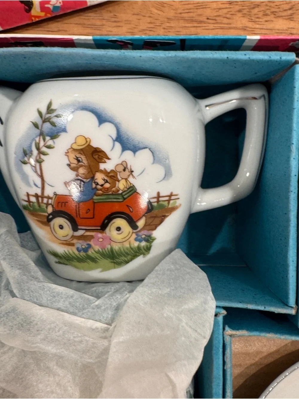 Vintage Children’s Ceramic Tea Set Bunny In A Racecar 13 Piece 1940s New Chip